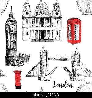 Londra simboli architettonici: San Paolo, la cattedrale, il Big Ben e il Tower Bridge, London Eye. Bella disegnati a mano disegno vettoriale seamless pattern. Per la stampa Illustrazione Vettoriale