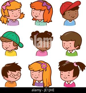 Diverse facce di bambini. I bambini e i ragazzi e le ragazze facce. Illustrazione Vettoriale Illustrazione Vettoriale