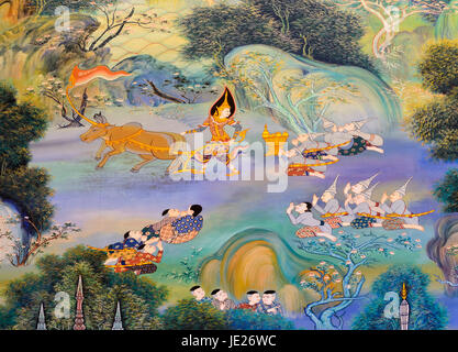 Thai pittura murale sulla parete del tempio Foto Stock