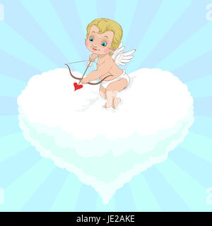 A San Valentino Cupido è volto a sparare la sua freccia seduta sul cuore cloud sagomato Foto Stock