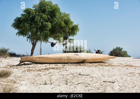 Costruttore di barca carving la sua piroga, Morondava, Madagascar Foto Stock