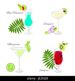 Serie di cocktail estivo vettore stile cartoon. Collezione di long drink isolato su bianco per il ristorante e bar menu o beach party banner e flyer Illustrazione Vettoriale