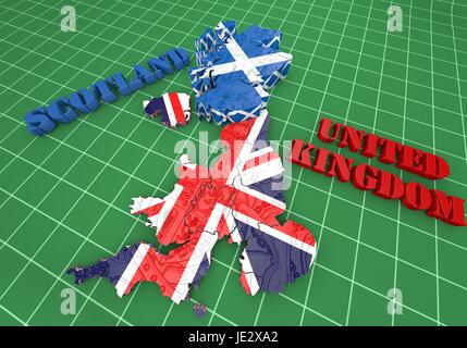 Mappa 3D illustrazione della Scozia e Inghilterra con bandiera Foto Stock
