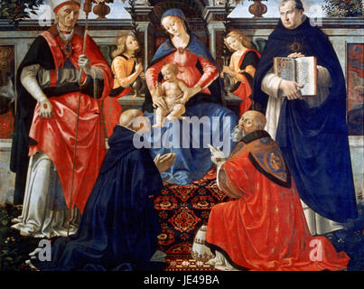 Domenico Ghirlandaio - Madonna col Bambino in trono con San Dionigi, Aeropagita, Domenic, Clemente e Tommaso d Aquino 1483 Foto Stock
