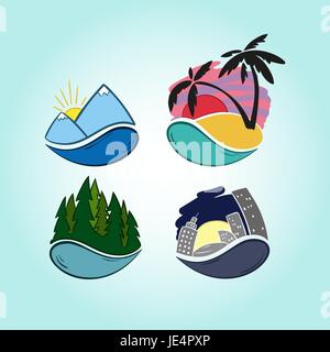 Disegnato a mano le icone di viaggio. Montagne, tropici, foresta, città. Illustrazione Vettoriale