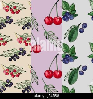 Set di disegnato a mano bacche acquerello pattern. Ciliegia, mirtillo. Illustrazione Vettoriale