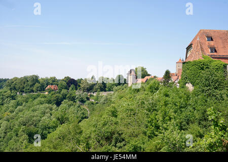 Le mura della città di Rothenburg ob der Tauber circondano l'intera città. La città medievale nel sud della Germania è molto popolare per i turisti, grazie ai vecchi edifici e alle viste panoramiche. Foto Stock