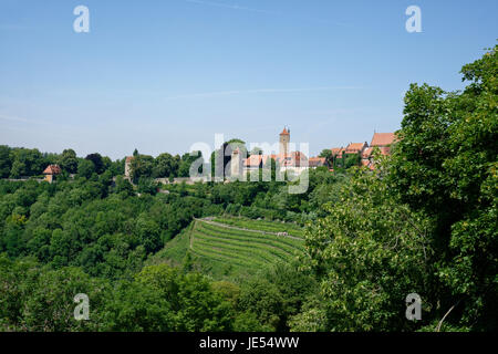 Le mura della città di Rothenburg ob der Tauber circondano l'intera città. La città medievale nel sud della Germania è molto popolare per i turisti, grazie ai vecchi edifici e alle viste panoramiche. Foto Stock