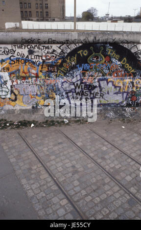 I binari del tram tagliati fuori dal muro di Berlino degli anni ottanta, Foto Stock