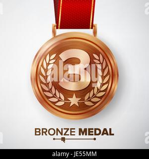 Medaglia di bronzo vettore. Realistico di metallo terzo piazzamento conseguimento. Round medaglia con nastro rosso, Rilievo particolare della corona di alloro e la stella. Concorrenza Ga Illustrazione Vettoriale