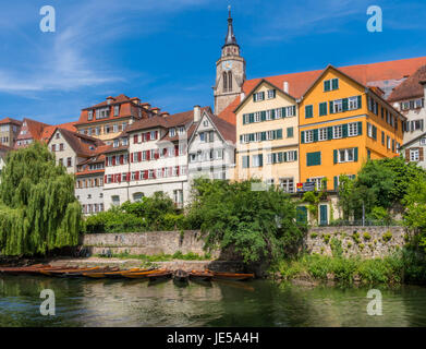 Case sul fiume Neckar, città vecchia, Tuebingen, Svevo, Baden-Wuerttemberg, Germania, Europa Foto Stock