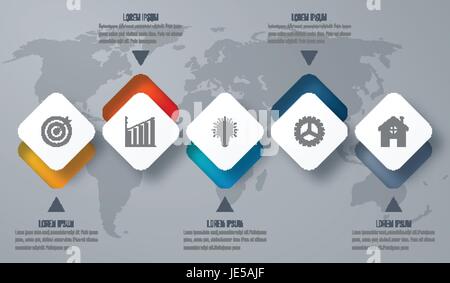 Modello infografico di elementi aventi forma di quadrato. Il concetto di business con 5 opzioni, fasi, parti, segmenti. Vettore banner per il web, timeline infographics, workfl Illustrazione Vettoriale