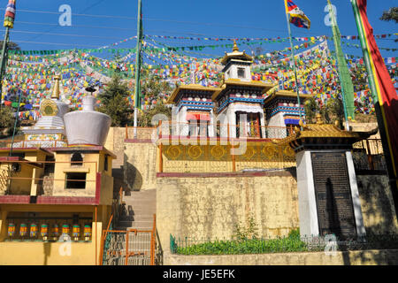 Colorato la preghiera buddista bandiere nella città di Dharamshala, Himachal Pradesh, India Foto Stock