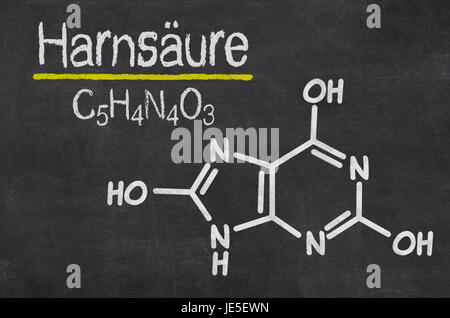 Schiefertafel mit der chemischen Formel von Harnsäure Foto Stock