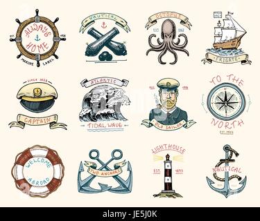 Set di incisi vintage, disegnati a mano, vecchio, etichette o badge per un anello di vita, una palla di cannone, un capitano con un tubo. Benvenuti a bordo, due ancore, marinaio. Marine e nautiche o mare oceano, emblemi. Illustrazione Vettoriale