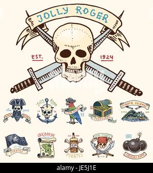 Set di inciso, disegnati a mano, vecchio, etichette o badge per corsari, teschio ad ancoraggio, tesori, bandiera , Caraibi parrot. Jolly Roger. Pirati e marine o nautici Mare, emblema dell'oceano. Illustrazione Vettoriale