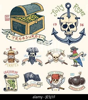 Set di inciso, disegnati a mano, vecchio, etichette o badge per corsari, teschio ad ancoraggio, tesori, bandiera , Caraibi parrot. Jolly Roger. Pirati e marine o nautici Mare, emblema dell'oceano. Illustrazione Vettoriale