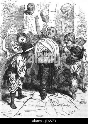 Un'illustrazione satirica di Bertall intitolata "Der alte Muck", che raffigura una scena umoristica della letteratura tedesca del XIX secolo. L'illustrazione ritrae i personaggi in modo stravagante ed esagerato, sottolineando lo stile artistico del periodo. Foto Stock