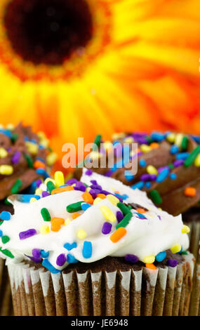 Profondità di campo per il girasole dietro sharp, il fuoco selettivo sui tortini di cioccolato glassato con colorati spruzza nella soleggiata, celebrativo photog alimentare Foto Stock