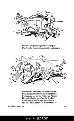 Questa immagine mostra una pagina di Busch Werke volume 3, che mostra l'arte e le illustrazioni di Wilhelm Busch, il famoso fumettista e illustratore tedesco, che enfatizza il suo lavoro satirico. Foto Stock
