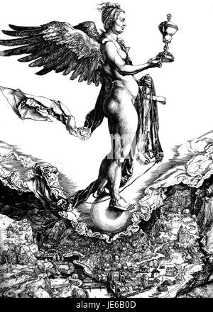 La "Nemesis" di Albrecht Dürer è una famosa incisione creata nel 1501, che ritrae la dea greca della retribuzione in modo drammatico e dettagliato. La meticolosa tecnica di Dürer è messa in mostra attraverso i forti contrasti e la composizione dinamica. Foto Stock