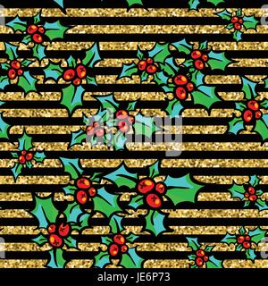 Natale e Anno Nuovo modello senza giunture, vettore disegnato a mano elemento di design per il confezionamento o imballaggio. Holly con berry su nero e golden scintillante str Illustrazione Vettoriale