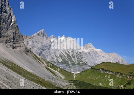 Falcon's acciaierie del Karwendel, crash del nord del Lalidererspitze, pareti Laliderer, Birkkarspitze, Karwendelgebirge, alp park, calce alpi, alpi, Tirolo, Austria, Foto Stock