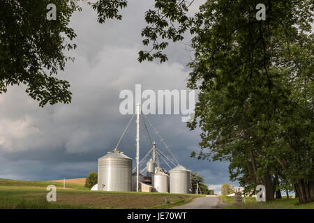 Penn Run, Pennsylvania - grano deposito bidoni in una fattoria indiana County. Foto Stock