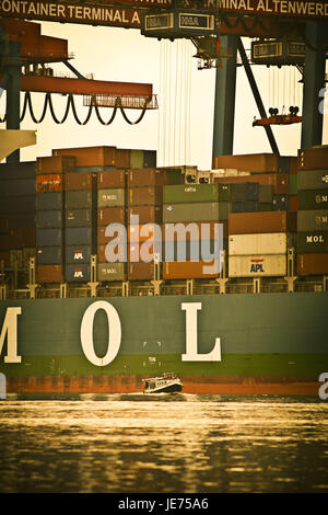Germania, Amburgo, Altenwerder, contenitore, contenitore di nave, longboat, Foto Stock
