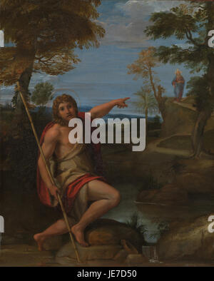 Il dipinto di Annibale Carracci "San Giovanni Battista testimone orsi" mostra San Giovanni Battista, sottolineando temi e figure religiose in stile barocco. L'opera evidenzia la maestria di Carracci nel raffigurare figure con realismo e composizione dinamica. Foto Stock