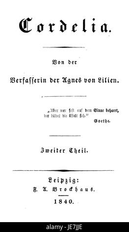 Questo si riferisce al "De Cordelia" di Wolzogen, probabilmente un'opera letteraria o artistica, con menzione specifica di una versione o parte 001, potenzialmente incentrata su contenuti storici o culturali relativi all'opera. Foto Stock