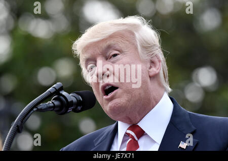 Washington DC, Stati Uniti d'America. Il 22 giugno, 2017. Il Presidente degli Stati Uniti, Trump parla durante il Congresso Picnic sulla South Lawn della Casa Bianca a Washington DC, il 22 giugno 2017. Credito: Olivier Douliery - Piscina via CNP /MediaPunch Credito: MediaPunch Inc/Alamy Live News Foto Stock