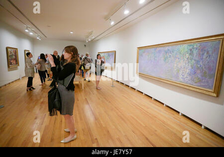 Vancouver, Canada. Il 22 giugno, 2017. Ai visitatori di ammirare dipinti durante un'anteprima del 'Claude Monet il Giardino Segreto " mostra alla Galleria d'Arte di Vancouver a Vancouver, Canada, 22 giugno 2017. Il 'Claude Monet il giardino segreto" sarà vetrina 38 dipinti che sono considerati come master Impressionismo Claude Monet più notevoli collezioni. La mostra è prevista per il periodo dal 24 giugno al 1 ottobre. Credito: Liang Sen/Xinhua/Alamy Live News Foto Stock