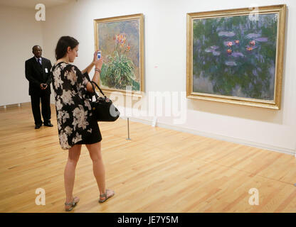 Vancouver, Canada. Il 22 giugno, 2017. Un visitatore prende le immagini di un dipinto durante un'anteprima al Vancouver Art Gallery di Vancouver, Canada, 22 giugno 2017. Il 'Claude Monet il giardino segreto" sarà vetrina 38 dipinti che sono considerati come master Impressionismo Claude Monet più notevoli collezioni. La mostra è prevista per il periodo dal 24 giugno al 1 ottobre. Credito: Liang Sen/Xinhua/Alamy Live News Foto Stock