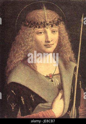 San Sebastiano è un dipinto di Giovanni Antonio Boltraffio, raffigurante il martirio di San Sebastiano. Boltraffio è stato un pittore rinascimentale italiano influenzato da Leonardo da Vinci. L'opera mostra il santo legato ad un albero, forato da frecce, che simboleggiano la sua sofferenza e fede. È un esempio magistrale di tecniche d'arte rinascimentale e iconografia religiosa. Foto Stock