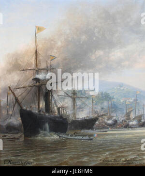 Una rappresentazione storica del bombardamento di Foutcheou, un conflitto navale che si verificò nel XIX secolo, probabilmente durante la seconda guerra dell'oppio, mostrando tattiche militari e armi usate. Foto Stock