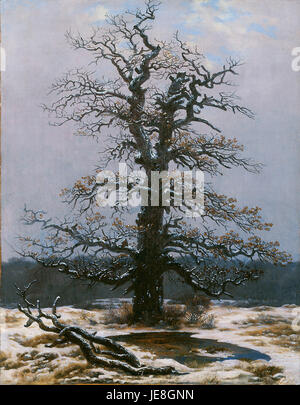 Un dipinto del 1820 di Caspar David Friedrich, *Eiche im Schnee*, raffigurante una quercia solitaria in piedi in un paesaggio innevato, che riflette lo stile romantico dell'artista e l'attenzione sull'impatto emotivo della natura. Foto Stock