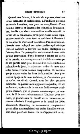 Questa immagine presenta una pagina di "Chants de Maldoror", un'opera letteraria di Lautréamont. Il testo cattura le qualità surreali e poetiche dell'opera, rappresentando i temi più scuri e le immagini vivide del libro. Foto Stock