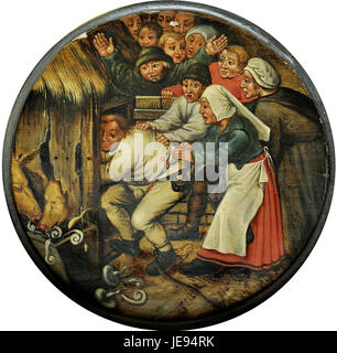 Questo dipinto, attribuito alla cerchia di Pieter Brueghel II, raffigura una vivace scena che coinvolge maiali e contadini in un ambiente da cortile. L'opera riflette l'attenzione di Brueghel sulla vita rurale e gli aspetti umoristici dell'esistenza quotidiana. Foto Stock