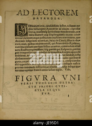 Frontespizio di "Dryander Anatomiae Pars Prior 065", un testo di anatomia medica che illustra i primi studi sull'anatomia umana. L'immagine si concentra su illustrazioni dettagliate delle strutture anatomiche. Foto Stock
