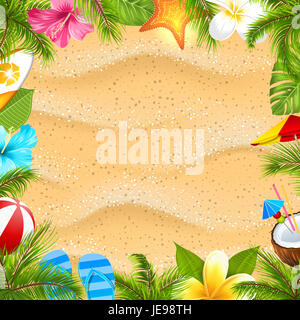 Creative Poster con foglie di palma, palla spiaggia, fiore di frangipani, stelle marine, tavola da surf, Hibiscus, sabbia Texture. La vacanza estiva di sfondo - illustrati Foto Stock