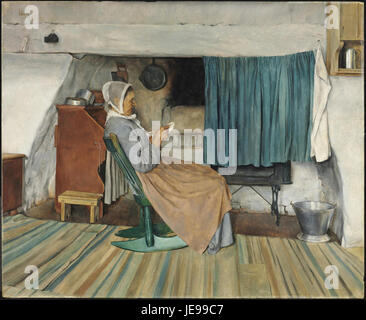 "An Old Fire-Place" di Charles Frederic Ulrich, creato nel 1882, raffigura un interno classico e rustico con un antico camino. Il dipinto mostra l'attenzione di Ulrich sulla vita di tutti i giorni, evidenziando texture e illuminazione. Foto Stock