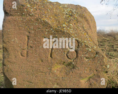 Una fotografia di una pietra di confine (Grenzstein) situata a Neulussheim, scattata il 2 febbraio 2014. La pietra segna il confine storico tra i territori e funge da punto di riferimento culturale. Foto Stock