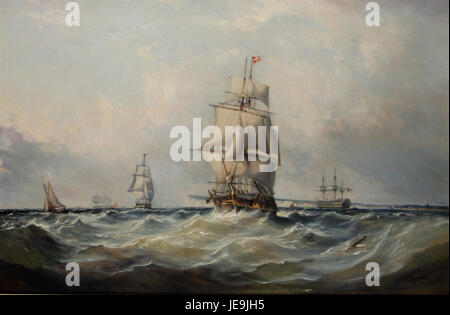 L'opera d'arte "Stormy Waters" di Ebenezer Colls raffigura una turbolenta scena marina, che mostra onde spettacolari e cieli scuri, catturando la potenza e l'imprevedibilità della natura in uno stile vivido e suggestivo. Foto Stock