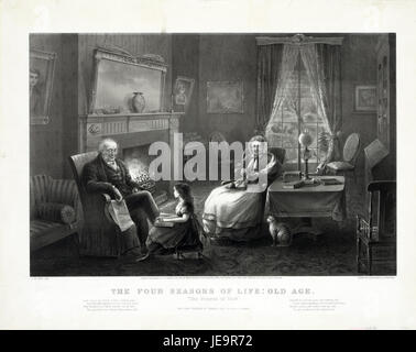"Le quattro stagioni della vita - Old Age" di Currier e Ives descrive le fasi della vita, concentrandosi sulla vecchiaia, raffigurando gli anziani in un momento riflettente e sereno, caratteristico delle litografie americane del XIX secolo. Foto Stock