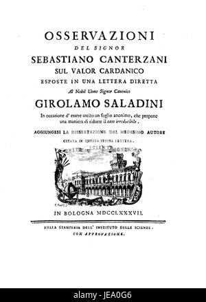 L'opera di Canterzani dal titolo *Osservazioni sul valor cardanico* (osservazioni sul valore cardanico) del 1787-1919 offre un'esplorazione di teorie matematiche e fisiche relative allo studio del moto e della meccanica tra la fine del XVIII e l'inizio del XX secolo. Foto Stock