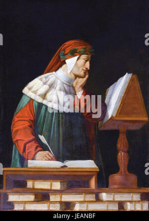 "Ritratto di Dante" di Attilio Runcaldier è un ritratto del poeta italiano Dante Alighieri del XIX secolo. Il dipinto cattura la somiglianza di Dante con caratteristiche dettagliate, che riflettono la maestria ritrattistica di Runcaldier. Foto Stock