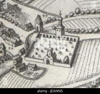 Campo Santo Steyr - Merian 1679 è un'incisione di Matthäus Merian, raffigurante campo Santo (campo Santo) a Steyr, Austria. L'incisione cattura l'architettura e il paesaggio circostante con precisione dettagliata, mostrando l'esperienza di Merian nella rappresentazione topografica e nell'illustrazione architettonica del XVII secolo. Foto Stock