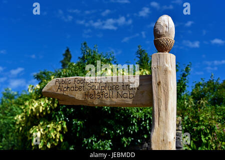 In legno intagliato fingerpost (dettaglio). Foottpath pubblica, Alphabet Sentiero delle sculture, Helsfell Nab. Strada della Regina, Kendal Cumbria, Inghilterra, Regno Unito. Foto Stock