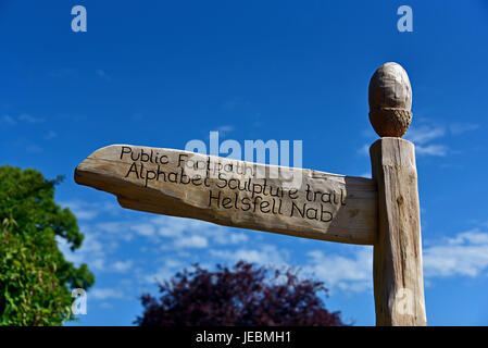 In legno intagliato fingerpost (dettaglio). Foottpath pubblica, Alphabet Sentiero delle sculture, Helsfell Nab. Strada della Regina, Kendal Cumbria, Inghilterra, Regno Unito. Foto Stock